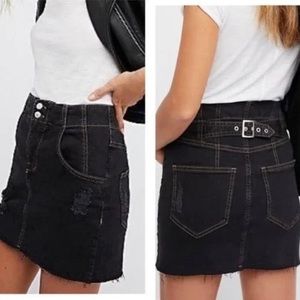 Free people black denim skirt with belt buckle in the back